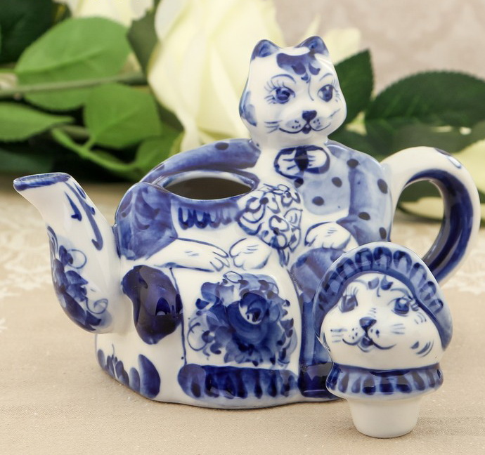 Чайник керамический  заварочный  "Коты на свидании", гжель